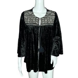 Black Velvet Embroidered Kimono‎ Cardigan S Tassel Tie Boho Whimsigoth Floral